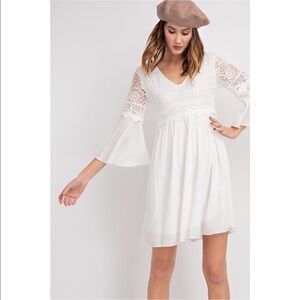Off White Lace Boho Bell Sleeve Dress